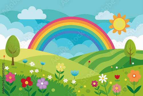 spring landscape with rainbow