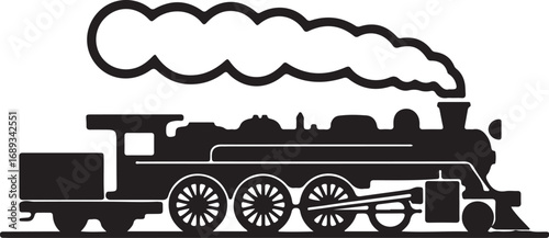 Classic Steam Locomotive Silhouette Against a White Background.  A bold, black silhouette of a vintage steam locomotive, complete with billowing smoke, positioned on a white background.