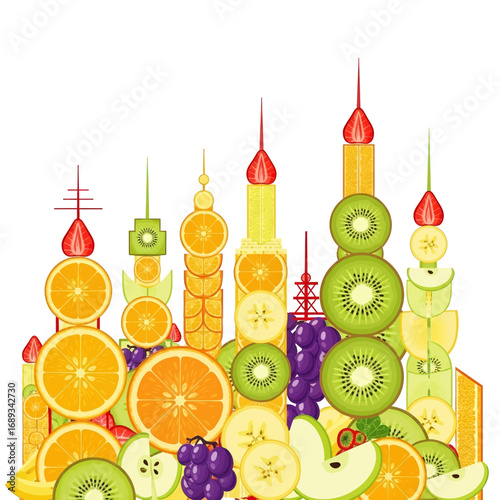 Vibrant fruit cityscape, creative arrangement of sliced fruit on skewers
