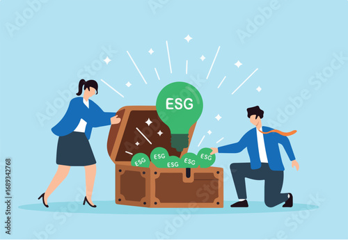 Flat illustration of employees opening treasure chest filled with green ESG lightbulbs as corporate sustainability reward