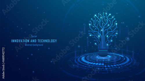 Concept of Innovation and business innovative idea and solution technology. Circuit light bulb on abstract hi-tech future blue background. Analysis solution and development. Vector illustration.