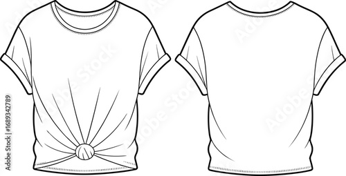 Trendy short sleeve knotted front t-shirt fashion flat sketch, technical cad drawing vector for casual clothing design and development
