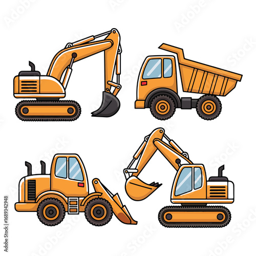 Cartoon Construction Vehicles Vector Set Digger, Dump Truck, Loader, Excavator
