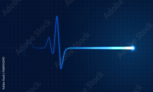 Glowing heartbeat flatline on dark monitor background, symbolizing medical emergency, cardiology, hospital, health, and patient diagnosis.