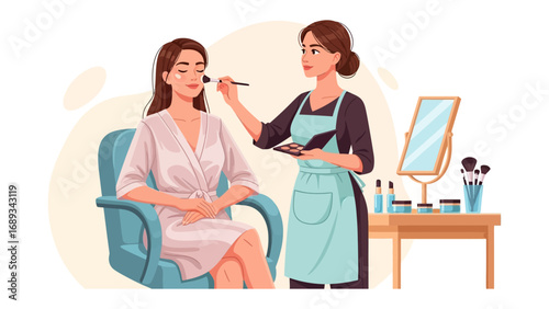 Professional makeup artist applying cosmetics to a client seated in a salon chair with beauty products nearby