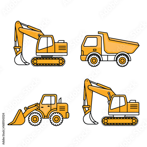 Cartoon Construction Vehicles Vector Set Digger, Dump Truck, Loader, Excavator