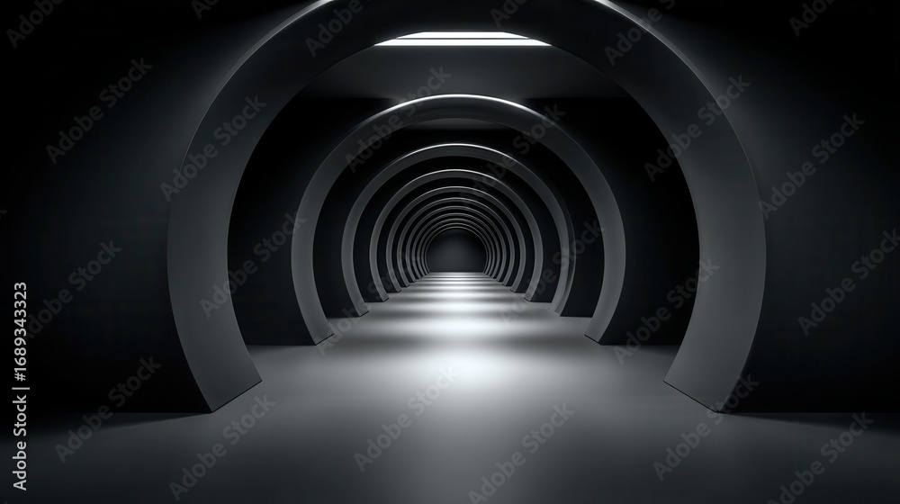 Obraz premium Dark futuristic tunnel with repeating arches and glowing lights creating a long corridor with one point perspective and minimalist architectural design