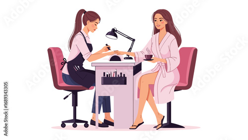 Professional manicurist attends to client receiving a detailed nail care treatment at a salon table