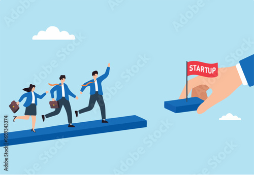 Flat illustration of business leader hand connecting bridge for employees to reach startup destination with teamwork and momentum