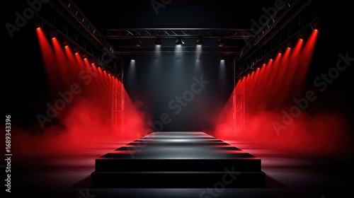 Empty fashion show runway or concert stage with dramatic red spotlights and smoke effects on a dark background for product presentation or performance