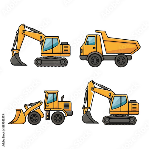 Cartoon Construction Vehicles Vector Set Digger, Dump Truck, Loader, Excavator
