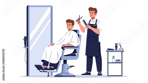 Skilled barber carefully trims client s hair in a modern salon setting with a large mirror