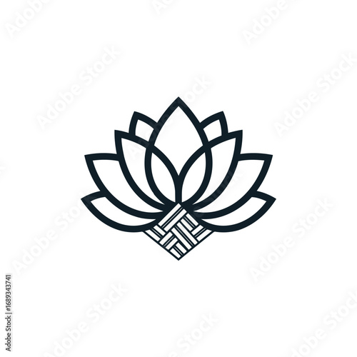 A minimalist black line art logo of a stylized lotus flower with a woven pattern base on a white background.