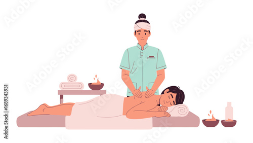 Relaxing spa scene with a therapist performing a back massage on a client
