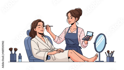 Professional makeup artist applying cosmetics to a client in a salon setting with tools and mirror