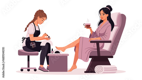 Relaxing pedicure session a woman enjoys a beverage while receiving foot care at a salon