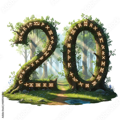 Stylized number 20 made of tree branches with runes in a forest setting.