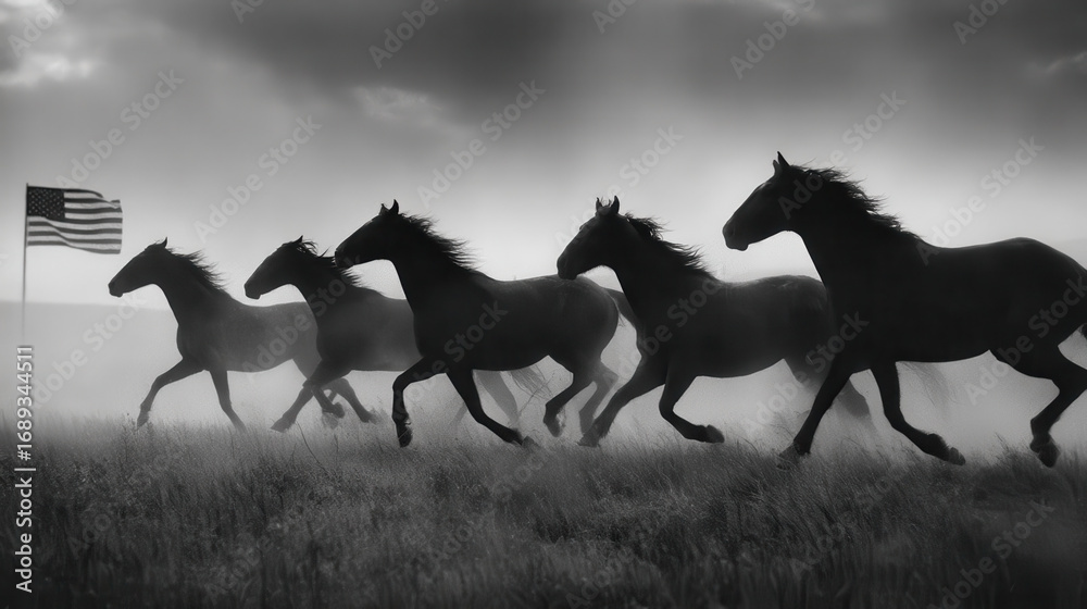 Fototapeta premium Wild Horses Galloping Across the American Prairie: A Dramatic Scene of Power, Freedom, and Patriotism in Black and White Photography