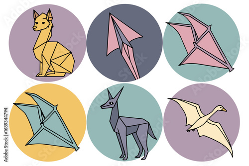 Six geometric origami style animal and creature icons in circular frames vector