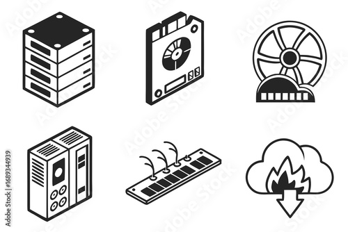 Isometric icons of computer hardware and cloud technology computer server stack isometric icon hard drive isometric icon
