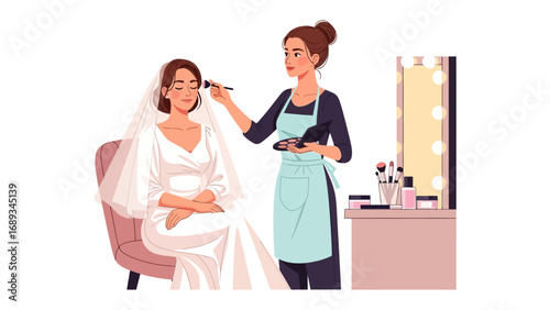 Bridal makeup artist applying cosmetics to a bride in a wedding dress before the ceremony