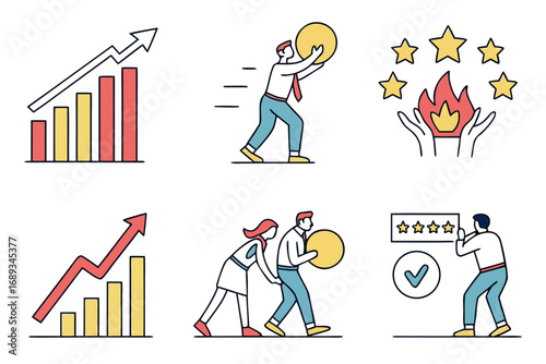 Six colorful vector icons depicting business growth teamwork and customer satisfaction business growth icon