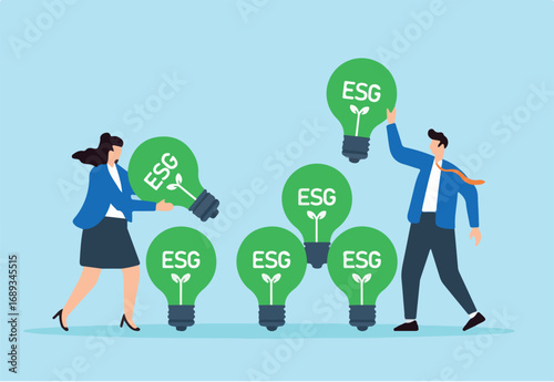 Flat illustration of employees stacking green ESG lightbulbs like building blocks to construct eco-friendly corporate energy strategy