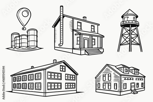 Set of five minimalist line art icons depicting buildings and industrial structures house silo