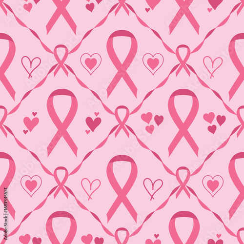 Breast cancer awareness pink ribbon seamless pattern with hearts background. Hand drawn pattern for cancer prevention, Women health care campaign in october.