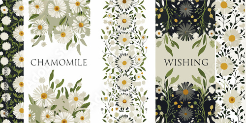 Delicate chamomile flower designs with botanical elements and textual accents