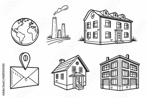 Six minimalist black line art icons of buildings globe and mail earth planet