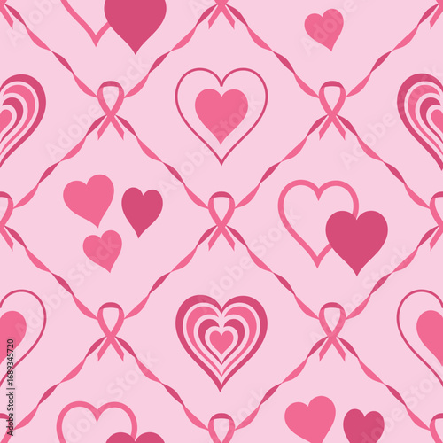 Hand drawn pink ribbon and hearts seamless pattern for breast cancer awareness. Women health care campaign in october month.