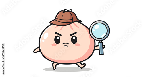 Cute cartoon baozi character dressed as a detective holding a magnifying glass