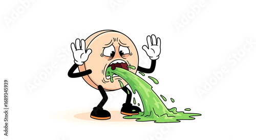 Cartoon pill character feeling sick and throwing up green liquid