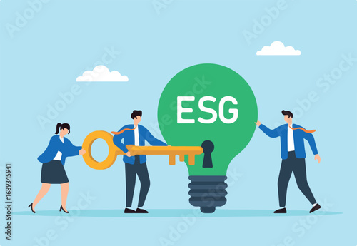 Flat illustration of employees unlocking green ESG lightbulb with teamwork key to activate clean energy initiatives