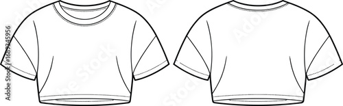 Trendy women’s crop top flat sketch, short sleeve tee cad vector drawing for fashion design, technical illustration, front back view