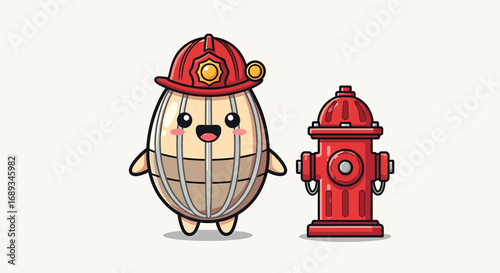 Cute barrel character wearing firefighter helmet next to red fire hydrant