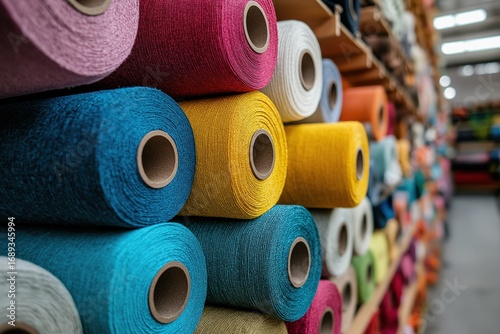 A Vibrant Display of Colorful Yarn Spools Arranged in a Neat, Organized Manner, Showcasing a Wide Spectrum of Textiles for Creative Projects