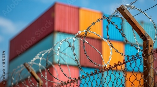 Secure shipping containers stacked behind razor wire fence at industrial port facility highlighting supply chain security and trade restrictions