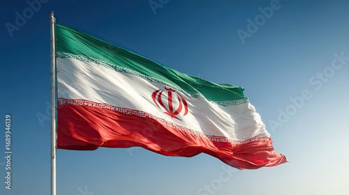 a vivid scene of national pride with two waving flags from iraq and iran flying side by side against a clear sky