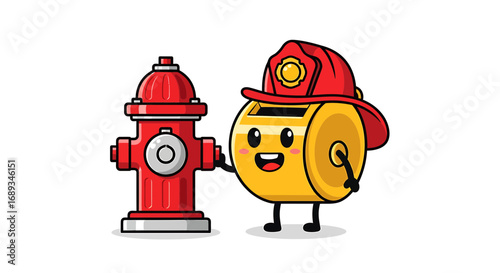 Cute cartoon whistle character wearing a firefighter helmet standing next to a red fire hydrant