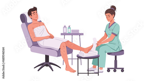 Man receiving a relaxing foot massage and pedicure treatment from a professional in a salon environment