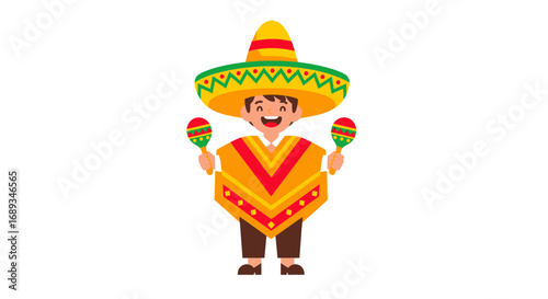 Happy cartoon boy wearing a sombrero and poncho holding maracas