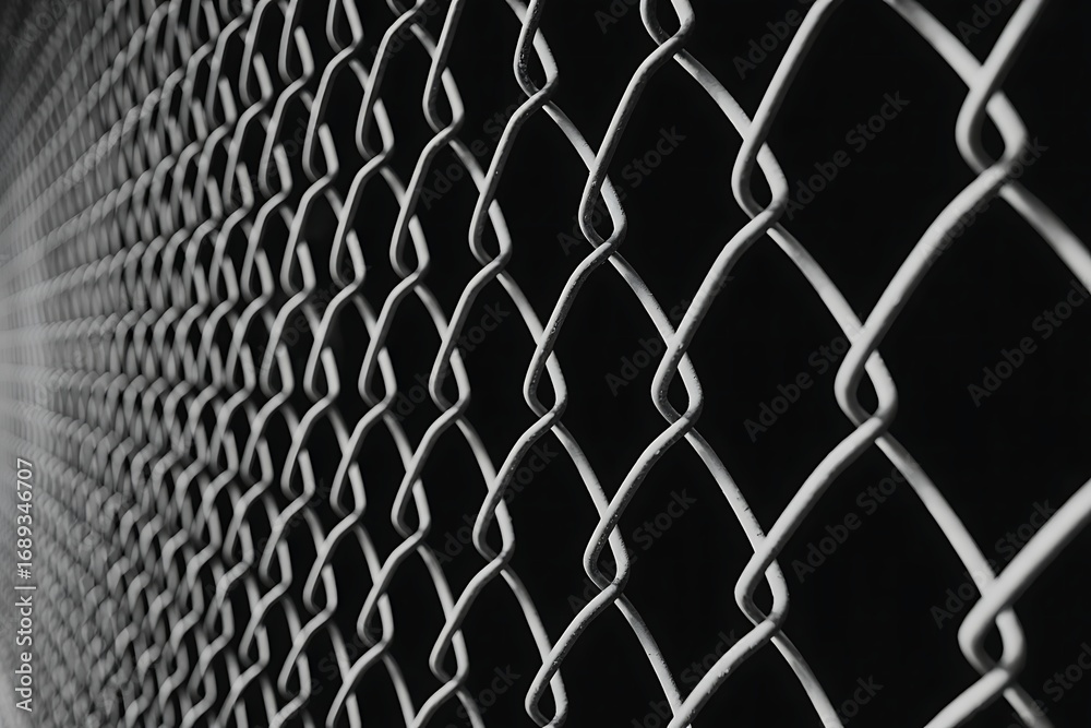 Fototapeta premium Close up abstract perspective of a stark black and white chain link fence creating a textured diamond pattern against a dark background