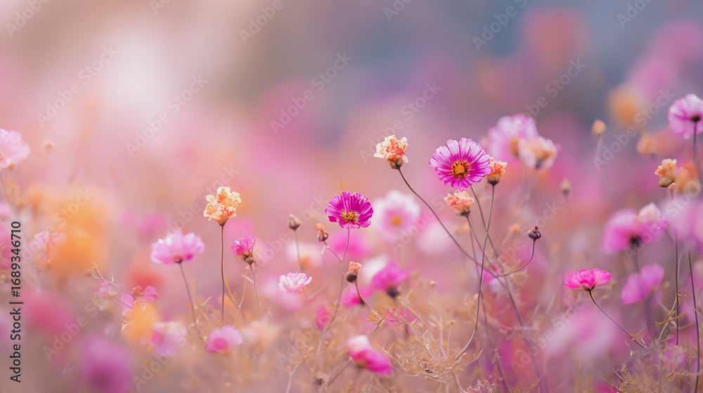 Fototapeta premium Elegant wedding invitation card background watercolor pictures Natural little a Gerbera flower field in a lifestyle style expressing wonder with pastel floral shades and golden lighting harmony