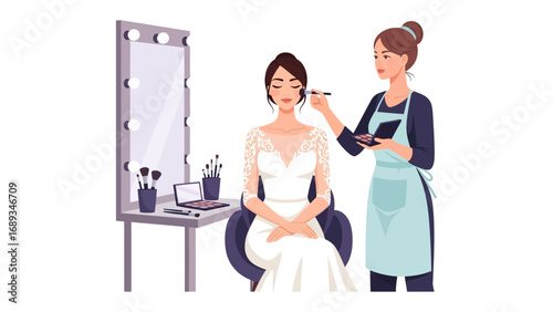 Bride receiving professional makeup application from a skilled artist in a well lit vanity area before her wedding ceremony