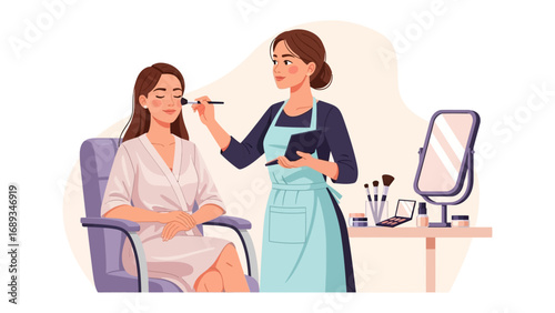 Professional makeup artist applying cosmetics to a client sitting in a chair with beauty tools nearby