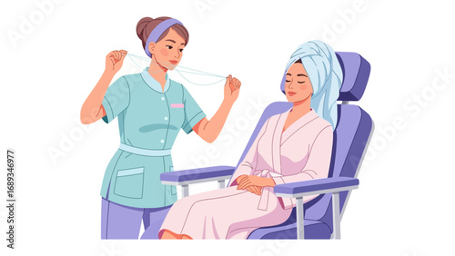 Skilled aesthetician performs facial treatment on relaxed client in spa chair