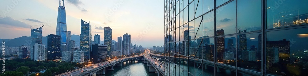 Naklejka premium Sleek modern glass office building in a vibrant downtown cityscape, reflecting the city skyline Ideal for corporate, real estate, and urban development imagery , sun, metropolis