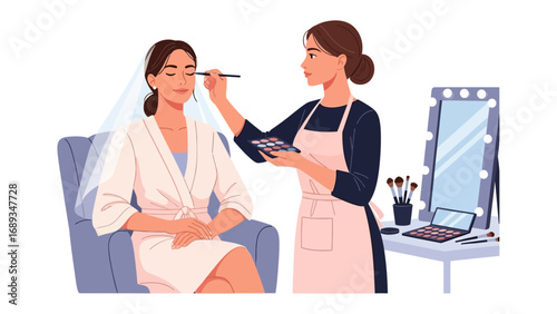 Professional makeup artist applying cosmetic products to a client in a salon setting with a vanity mirror